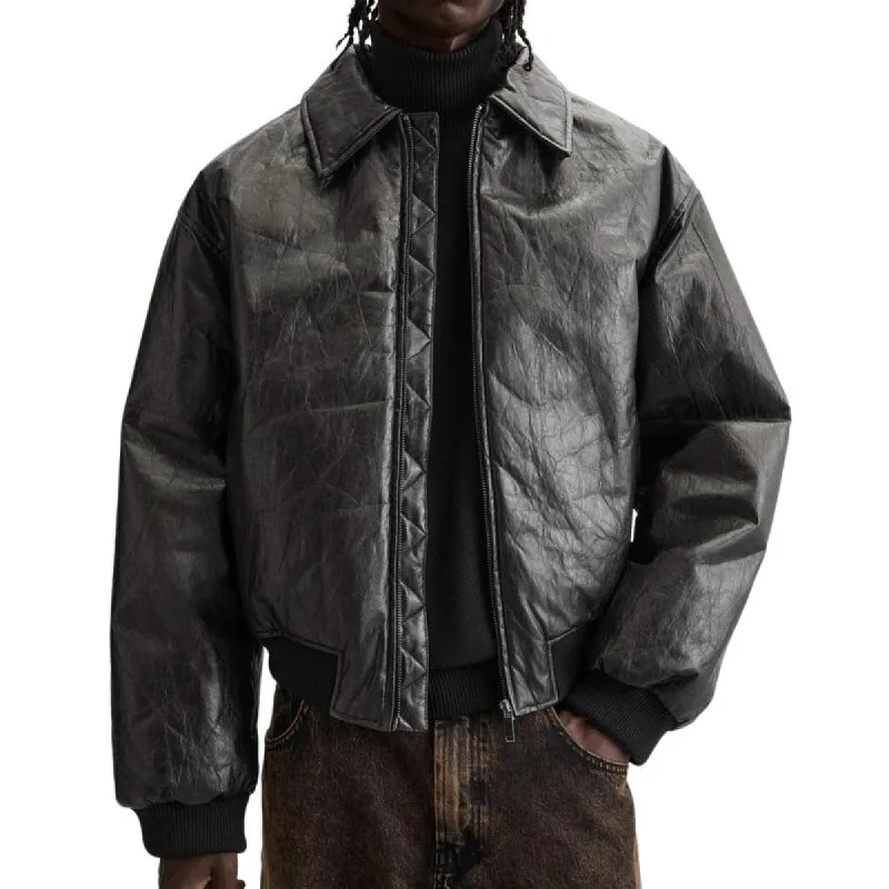 Men's Black Lapel Textured Leather Jacket 37611417F sold by Manly