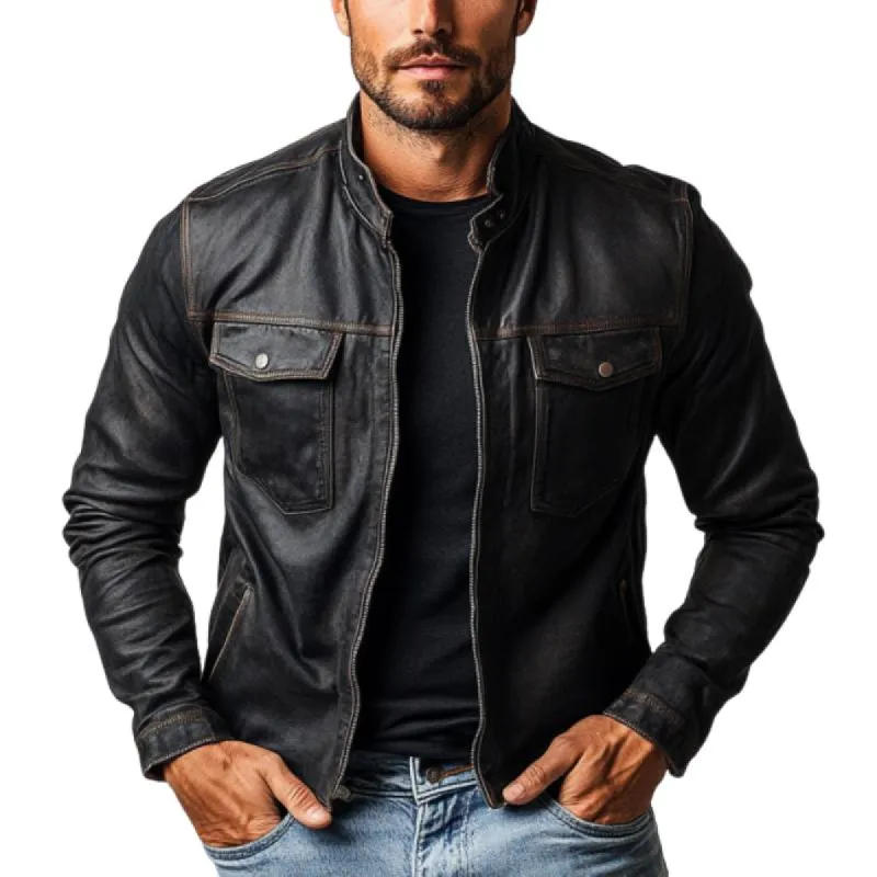 Men's Fashion Multi-Pocket Stand Collar Leather Jacket 59802630Y sold by Manly