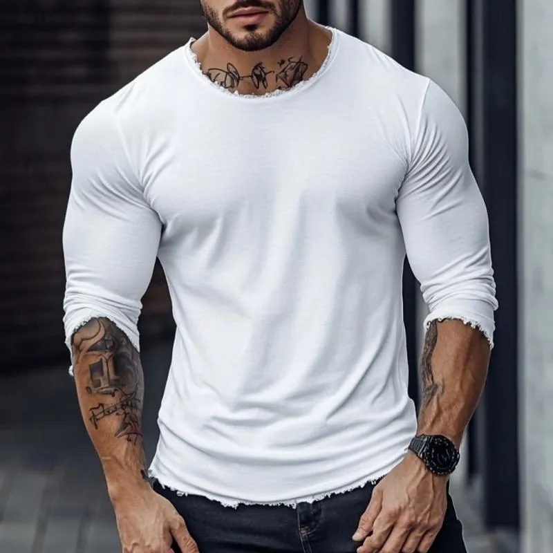 Men's Fashion Raw Edge Round Neck Slim Fit Long Sleeve T-Shirt 99127928Y sold by Manly product image thumbnail 4