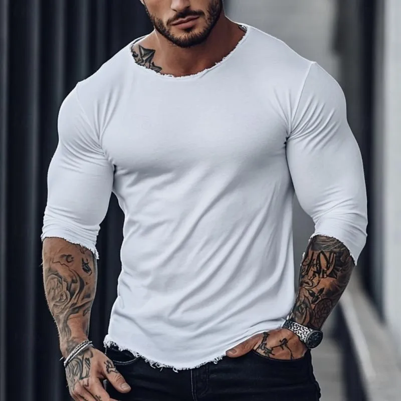 Men's Fashion Raw Edge Round Neck Slim Fit Long Sleeve T-Shirt 99127928Y sold by Manly product image thumbnail 3