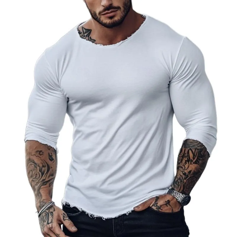 Men's Fashion Raw Edge Round Neck Slim Fit Long Sleeve T-Shirt 99127928Y sold by Manly