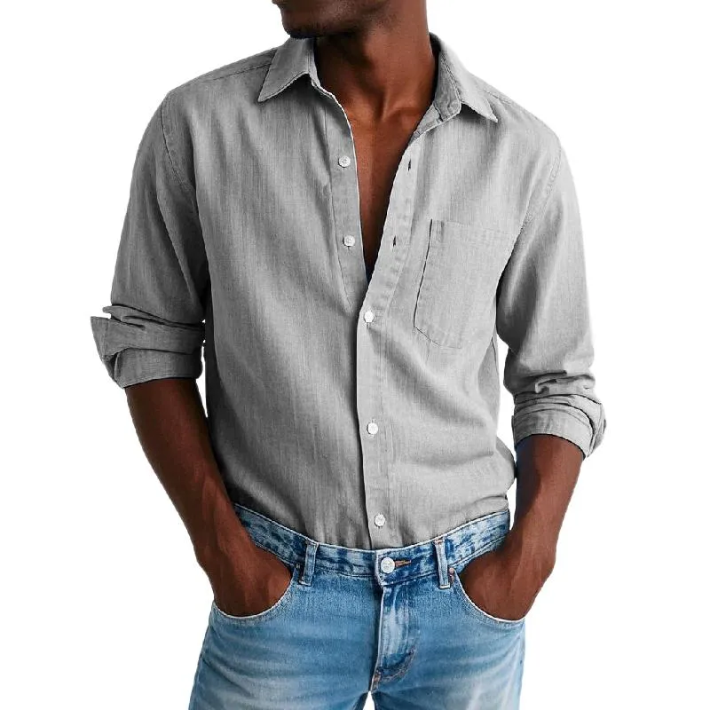 Men's Casual Cotton and Linen Lapel Chest Pocket Long Sleeve Shirt 27140413Y sold by Manly