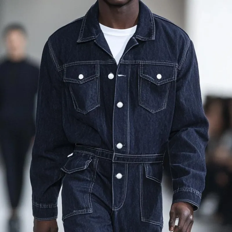 Men Fashion Multi-pocket Single-breasted Lapel Long-sleeved Denim Jumpsuit 20921518Y sold by Manly product image thumbnail 2