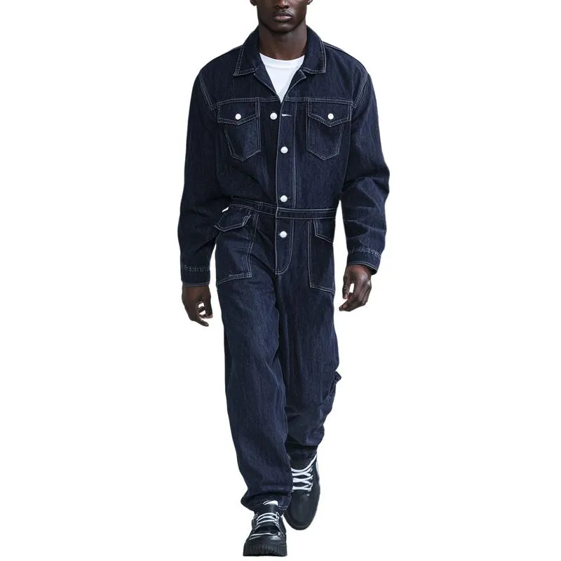 Men Fashion Multi-pocket Single-breasted Lapel Long-sleeved Denim Jumpsuit 20921518Y sold by Manly