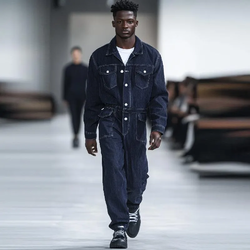 Men Fashion Multi-pocket Single-breasted Lapel Long-sleeved Denim Jumpsuit 20921518Y sold by Manly product image thumbnail 4