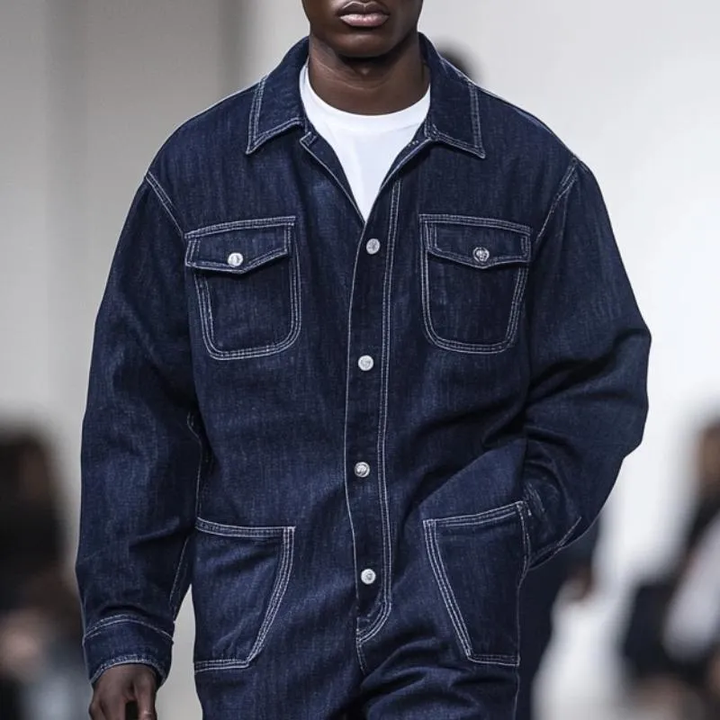 Men Fashion Multi-pocket Single-breasted Lapel Long-sleeved Denim Jumpsuit 57821333Y sold by Manly product image thumbnail 2
