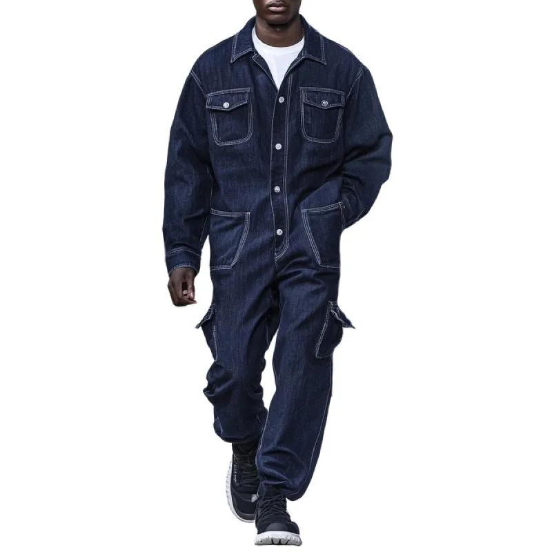 Men Fashion Multi-pocket Single-breasted Lapel Long-sleeved Denim Jumpsuit 57821333Y sold by Manly