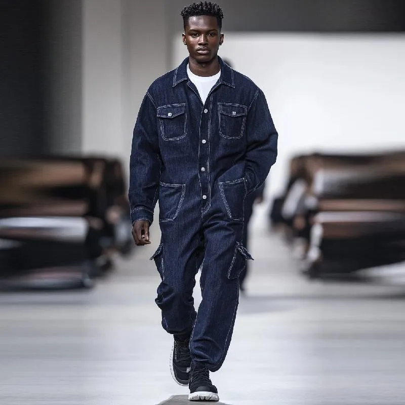 Men Fashion Multi-pocket Single-breasted Lapel Long-sleeved Denim Jumpsuit 57821333Y sold by Manly product image thumbnail 4