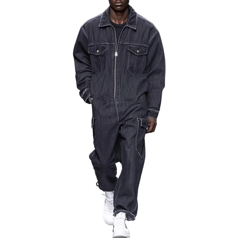 Men Fashion Multi-pocket Zipper Lapel Long-sleeved Denim Jumpsuit 78849231Y sold by Manly