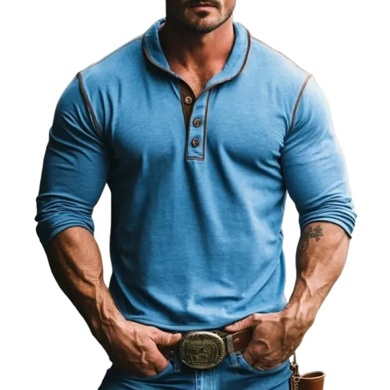 Men's Retro Colorblock Button Lapel Slim Fit Long Sleeve Polo Shirt 48971154Y sold by Manly