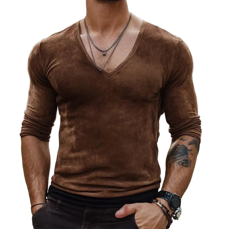Men's Fashion Suede Slim Fit V Neck Long Sleeve T-Shirt 29648945Y sold by Manly
