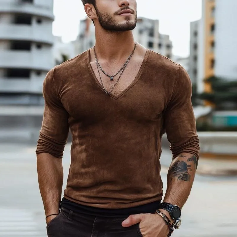 Men's Fashion Suede Slim Fit V Neck Long Sleeve T-Shirt 29648945Y sold by Manly product image thumbnail 2