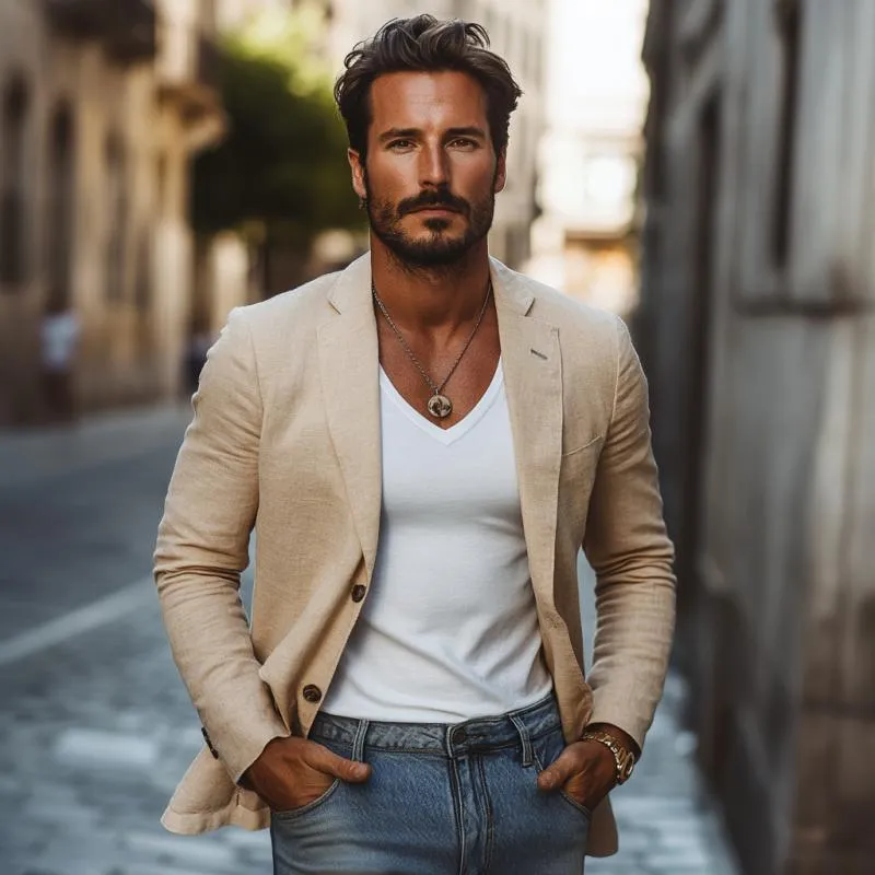 Men's Casual Cotton Linen Notch Lapel Single-breasted Slim-fit Blazer 84398690M sold by Manly product image thumbnail 3