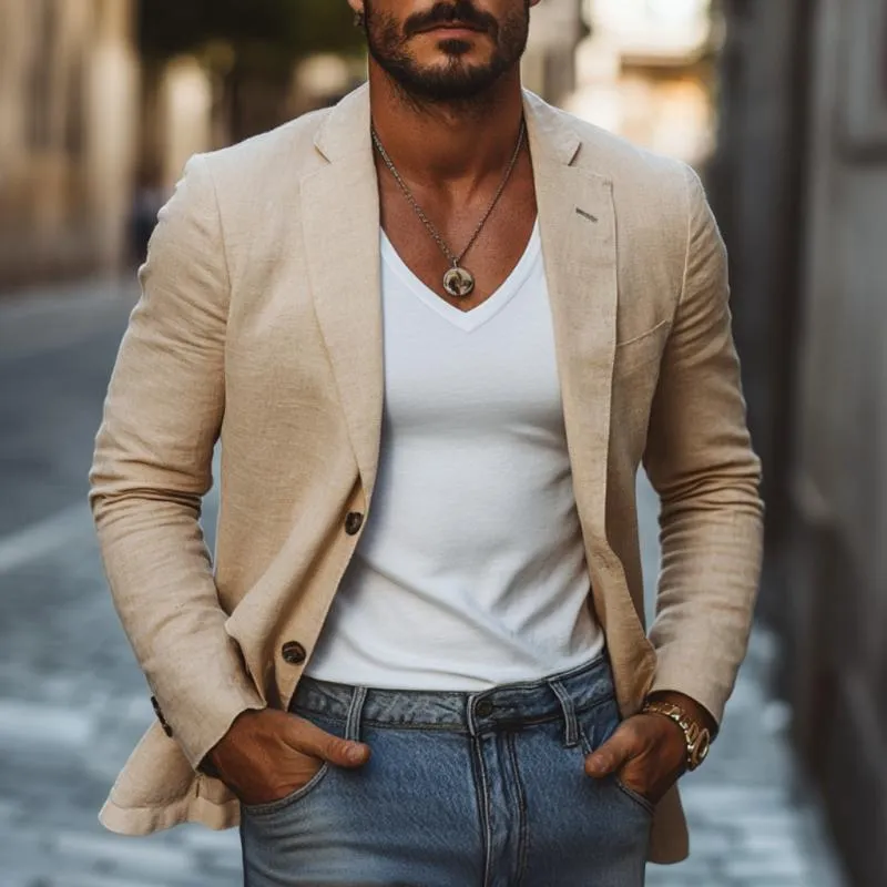 Men's Casual Cotton Linen Notch Lapel Single-breasted Slim-fit Blazer 84398690M sold by Manly product image thumbnail 2