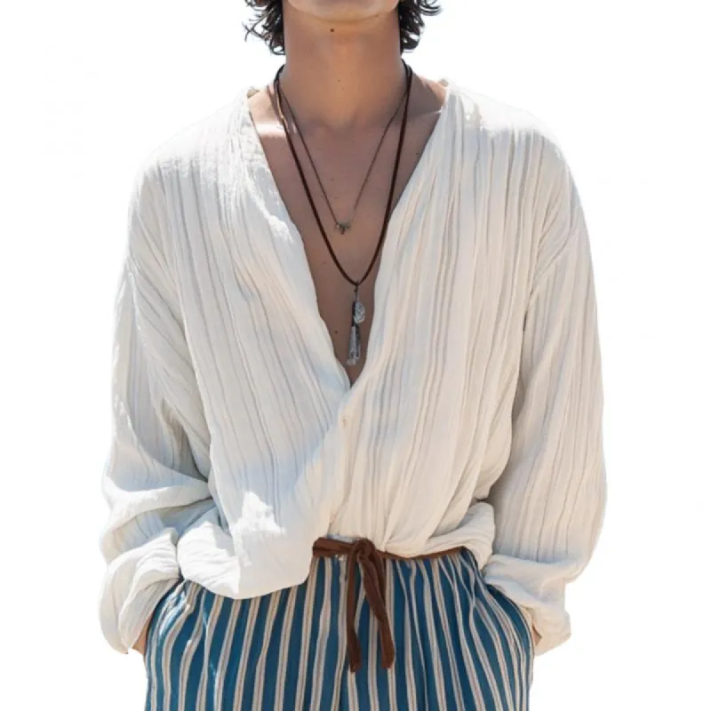 Men's Casual Striped V-neck Loose Long-sleeved Shirt 36902469M sold by Manly
