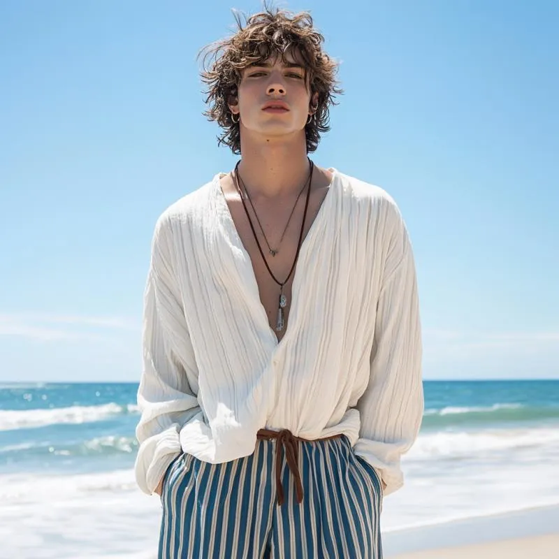 Men's Casual Striped V-neck Loose Long-sleeved Shirt 36902469M sold by Manly product image thumbnail 3