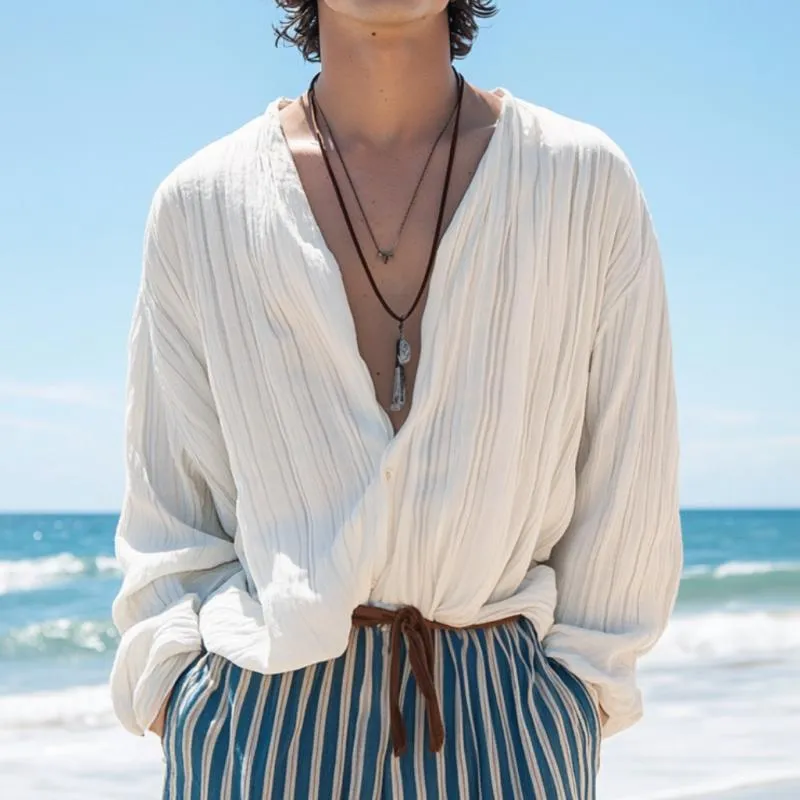 Men's Casual Striped V-neck Loose Long-sleeved Shirt 36902469M sold by Manly product image thumbnail 2