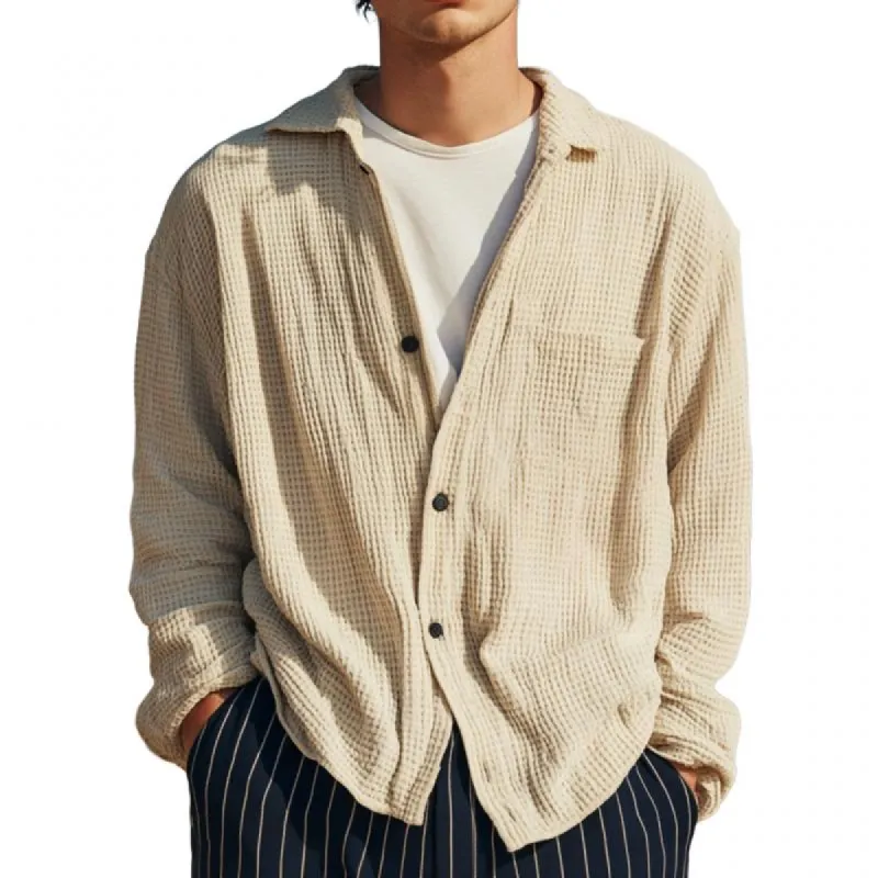 Men's Casual Waffle Lapel Patch Pocket Loose Long Sleeve Shirt 79392781M sold by Manly