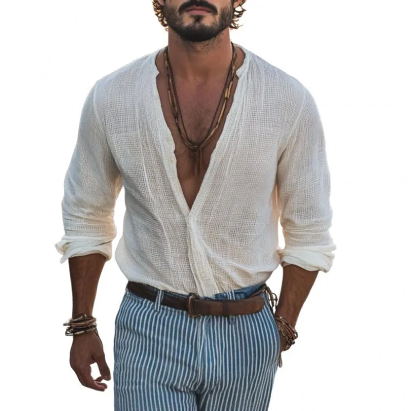 Men's Casual Mesh Single-breasted Loose Vacation Long-sleeved Shirt 18480590M sold by Manly