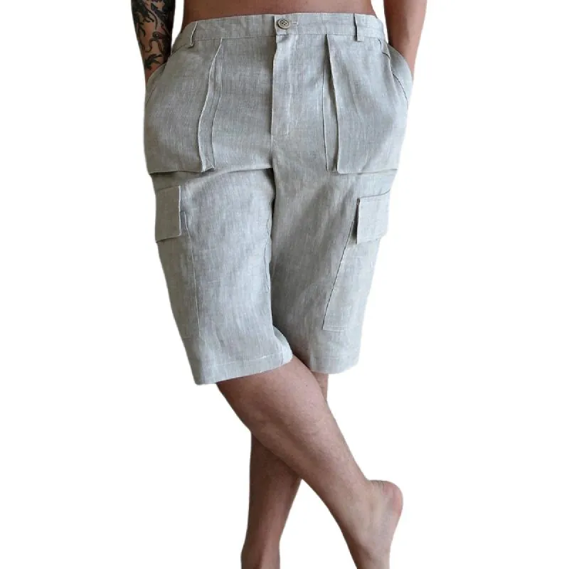 Men's Cotton and Linen Multi-pocket Button Shorts 87705332X sold by Manly