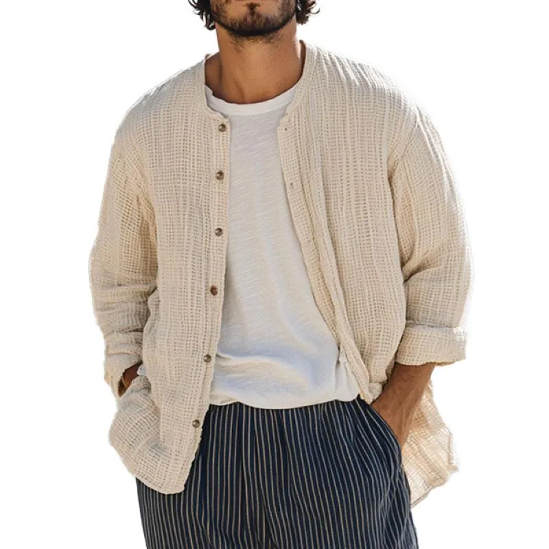 Men's Casual Waffle Lapel Patch Pocket Loose Long Sleeve Shirt 36254241M sold by Manly