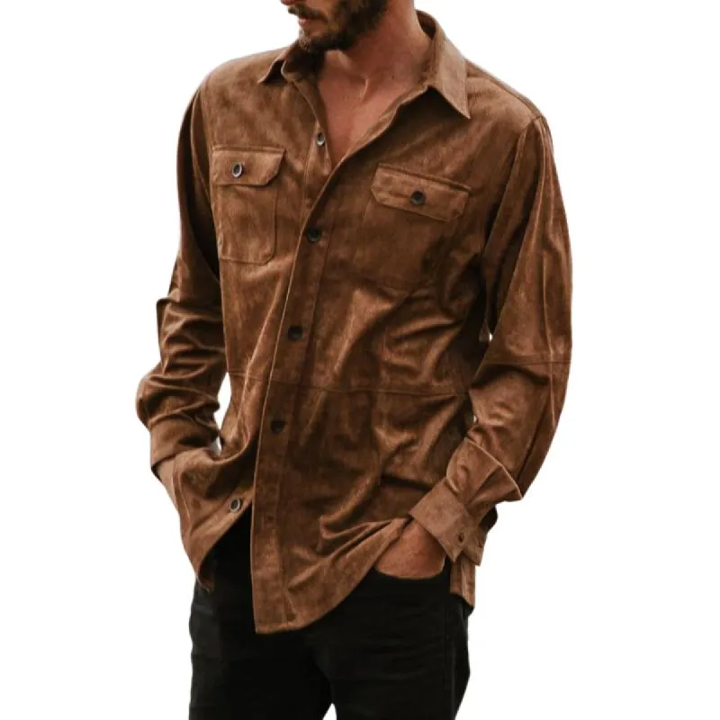 Men's Vintage Suede Patchwork Lapel Loose Long Sleeve Shirt 02939620M sold by Manly