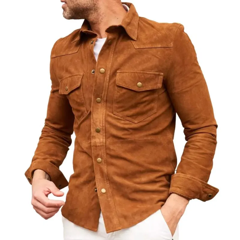 Men's Vintage Suede Patchwork Lapel Slim Fit Long Sleeve Shirt 97869681M sold by Manly