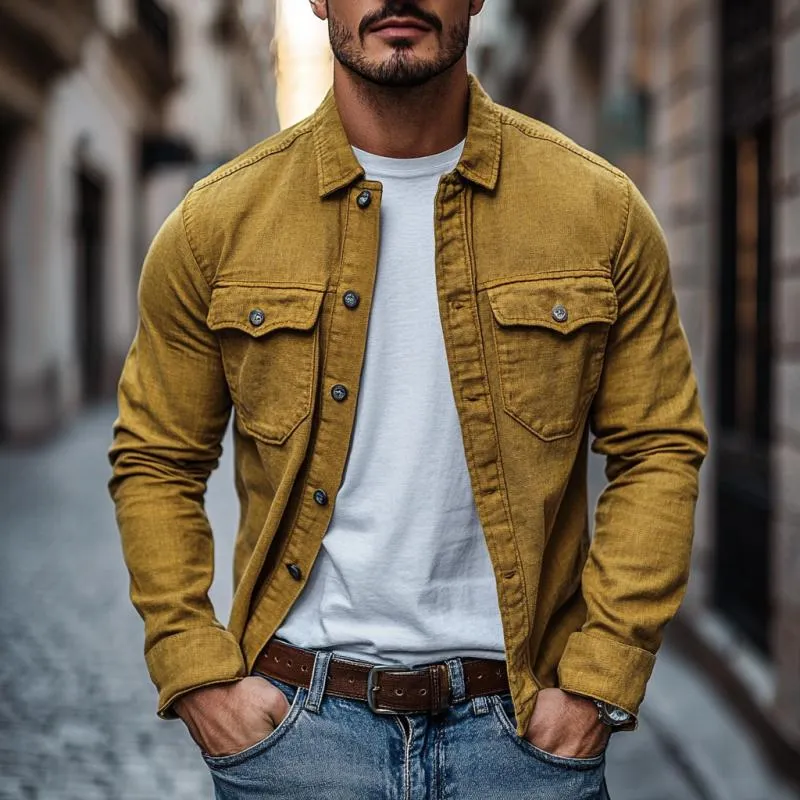 Men's Casual Cotton Linen Lapel Single-breasted Slim-fit Long-sleeved Shirt 80302812M sold by Manly product image thumbnail 2