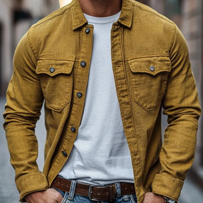 Men's Casual Cotton Linen Lapel Single-breasted Slim-fit Long-sleeved Shirt 80302812M sold by Manly product image thumbnail 3