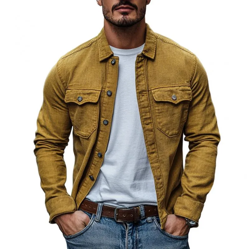 Men's Casual Cotton Linen Lapel Single-breasted Slim-fit Long-sleeved Shirt 80302812M sold by Manly