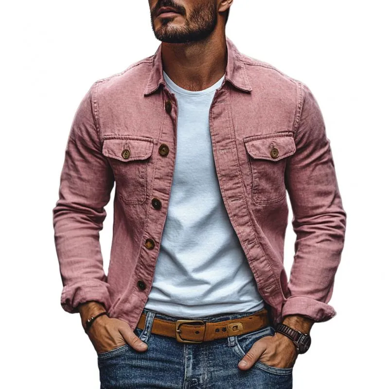 Men's Casual Cotton Linen Lapel Single-breasted Slim-fit Long-sleeved Shirt 16688546M sold by Manly