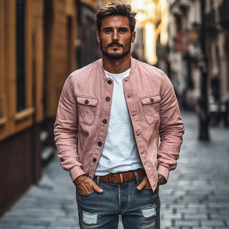 Men's Casual Cotton Linen Stand Collar Slim Fit Long Sleeve Shirt 99853371M sold by Manly product image thumbnail 3