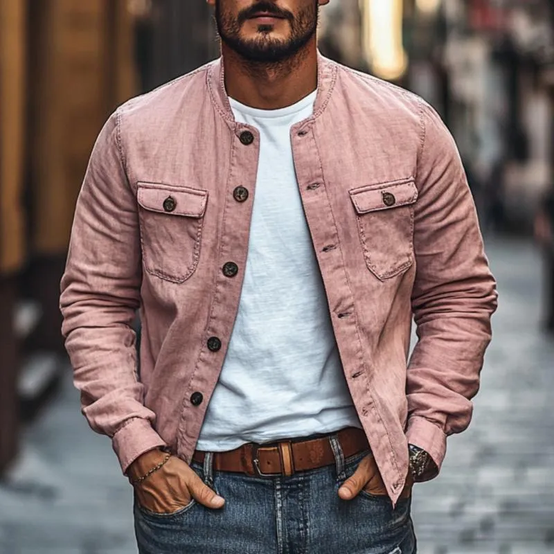 Men's Casual Cotton Linen Stand Collar Slim Fit Long Sleeve Shirt 99853371M sold by Manly product image thumbnail 2