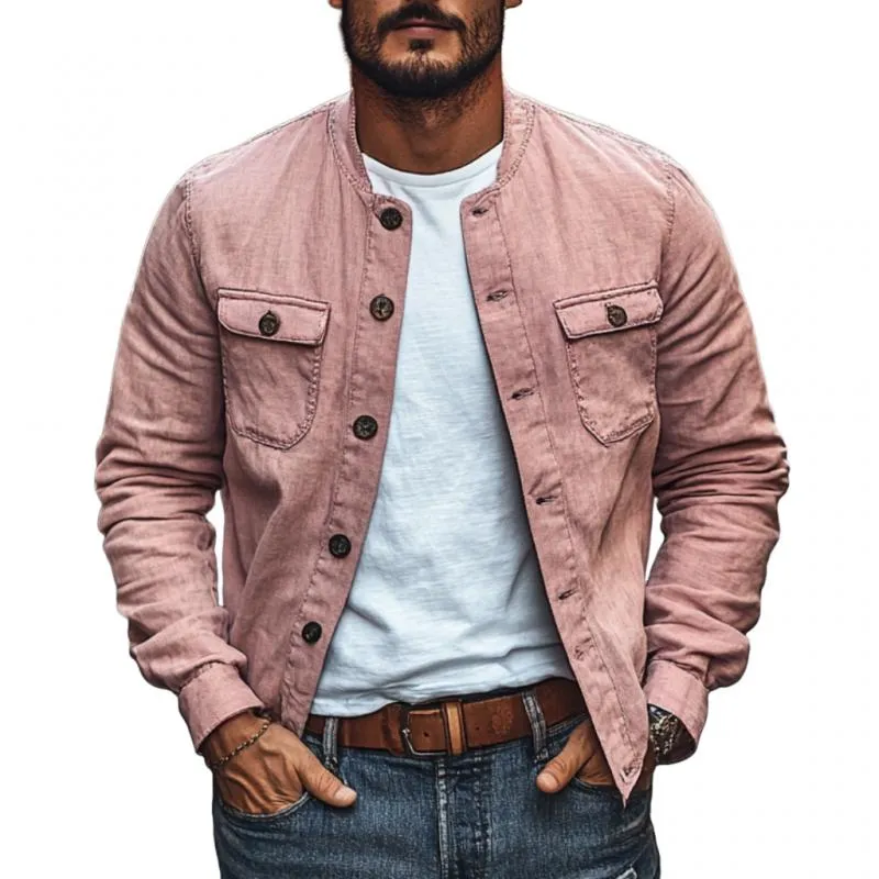 Men's Casual Cotton Linen Stand Collar Slim Fit Long Sleeve Shirt 99853371M sold by Manly