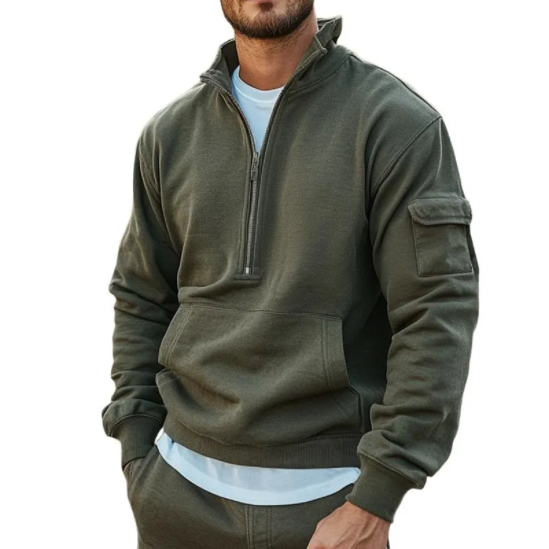 Men's Retro Casual Solid Color Washed Zipper Neck Sweatshirt 61826747TO sold by Manly