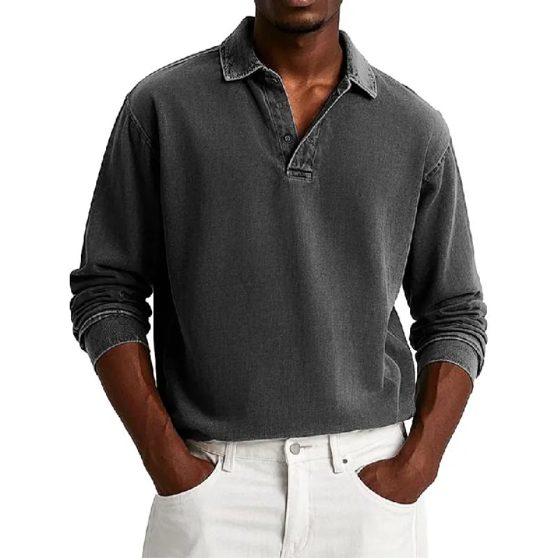 Men's Vintage Washed Button Down Lapel Long Sleeve Polo Shirt 89422197Y sold by Manly