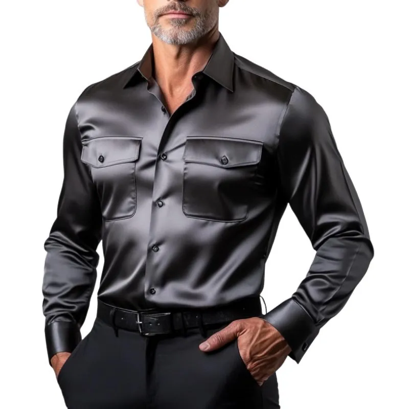 Men's Fashion Satin Double Chest Pockets Long Sleeve Shirt 63195733Y made by Manly