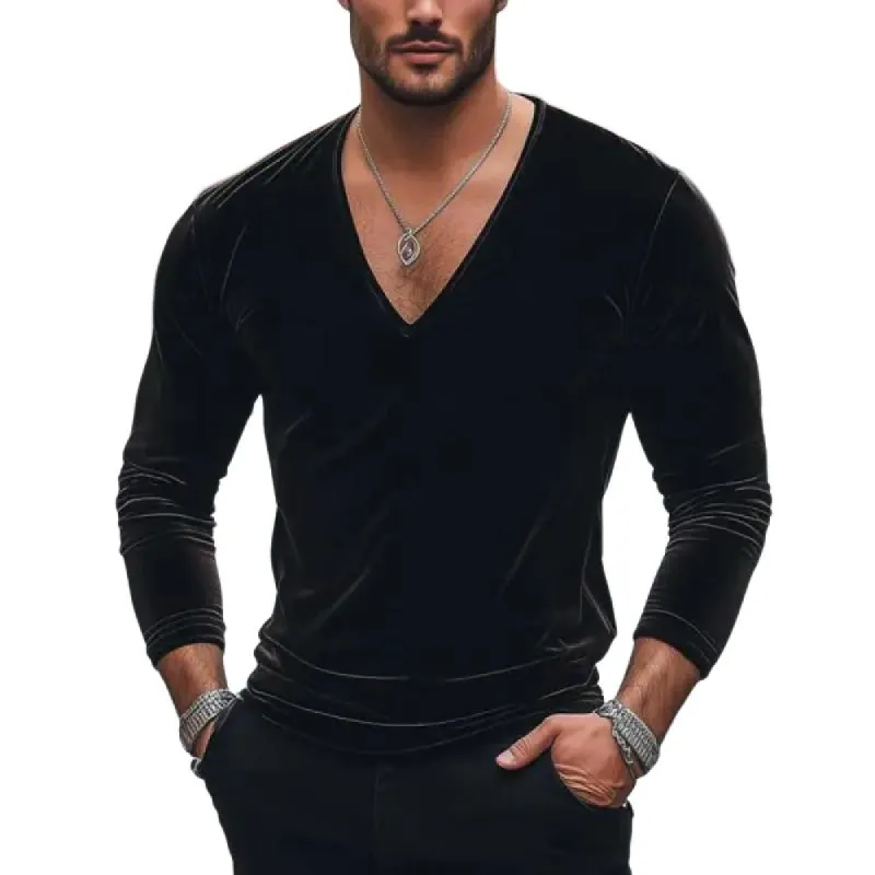 Men's Fashion Velvet V Neck Slim Fit Long Sleeve T-Shirt 19968756Y sold by Manly