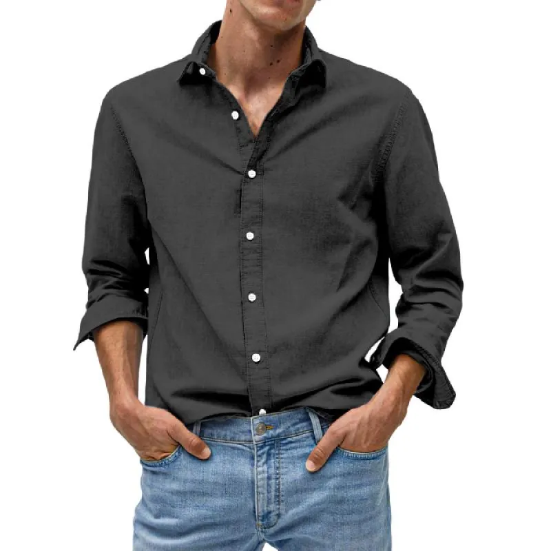 Men's Casual Cotton and Linen Lapel Long Sleeve Shirt 38377396Y sold by Manly