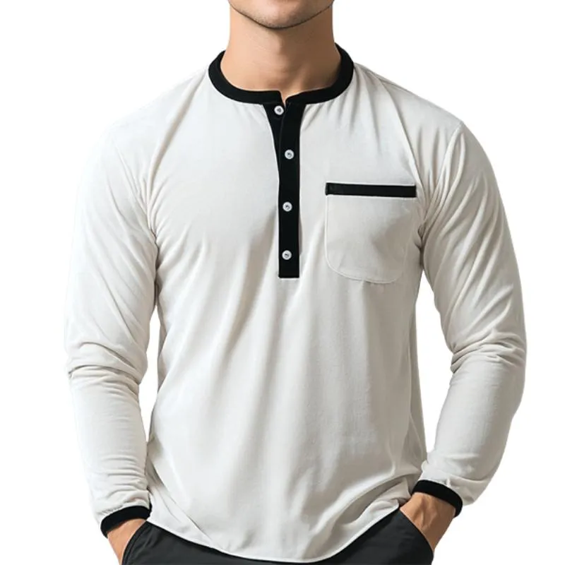 Men's Casual Slim Fit Velvet Patchwork Pocket Long Sleeve T-Shirt 14250257K sold by Manly
