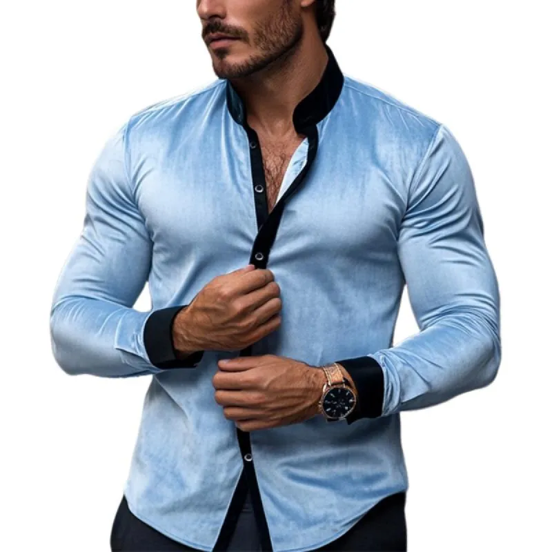 Men's Casual Stand-up Collar Slim-fit Contrast Velvet Long-sleeved Shirt 47326062K sold by Manly