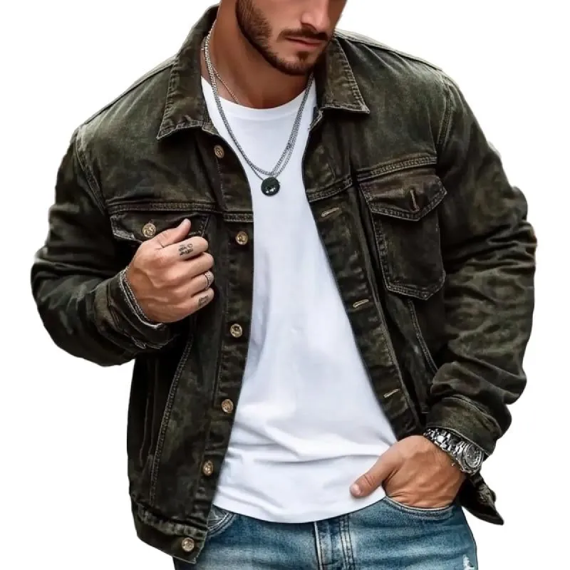 Men's Solid Vintage Lapel Button Denim Jacket 39293473X sold by Manly