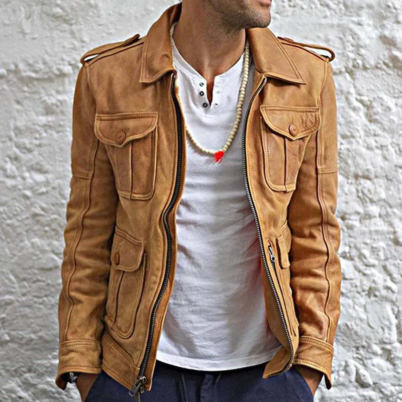 Men's Vintage Solid Zipper Leather Jacket 36482564X sold by Manly product image thumbnail 2