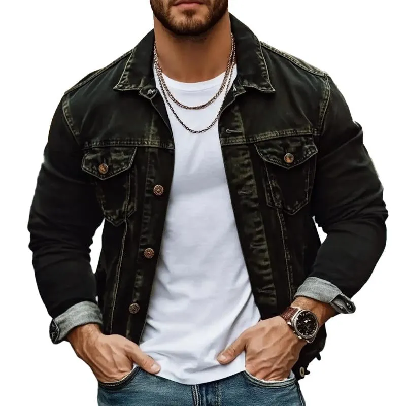 Men's Vintage Solid Lapel Denim Jacket 07439342X sold by Manly