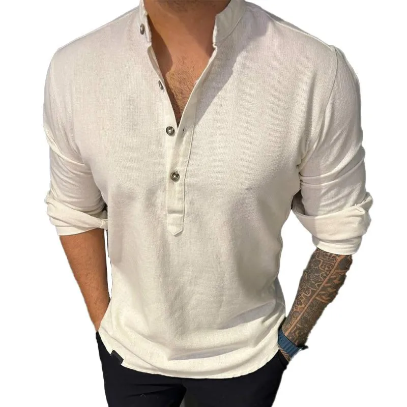 Men's Casual Solid Color Stand Collar Long Sleeve Shirt 87541601X sold by Manly