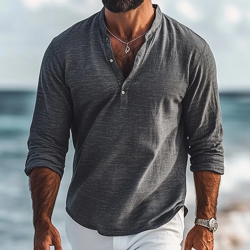 Men's Fashion Cotton And Linen Stand Collar Long Sleeve Shirt 46222058Z sold by Manly product image thumbnail 2