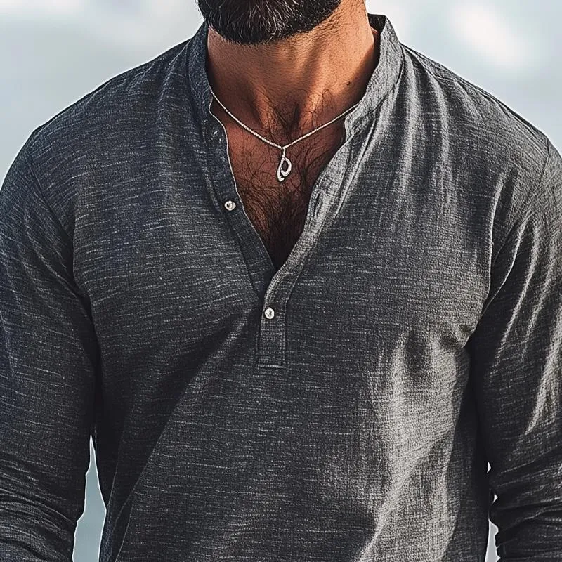 Men's Fashion Cotton And Linen Stand Collar Long Sleeve Shirt 46222058Z sold by Manly product image thumbnail 4