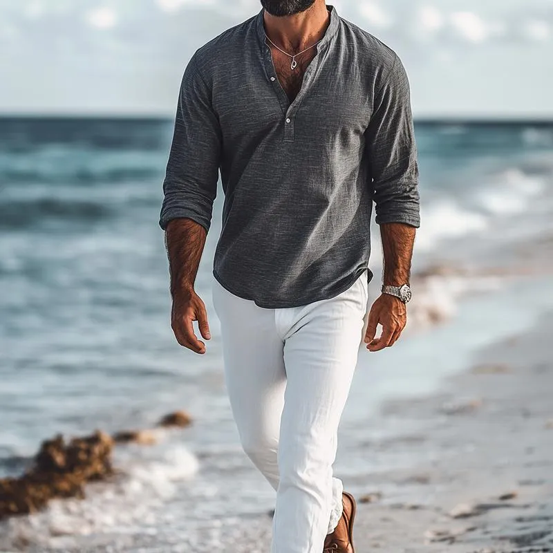 Men's Fashion Cotton And Linen Stand Collar Long Sleeve Shirt 46222058Z sold by Manly product image thumbnail 3