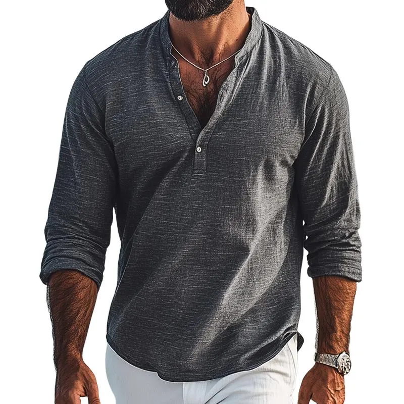Men's Fashion Cotton And Linen Stand Collar Long Sleeve Shirt 46222058Z sold by Manly
