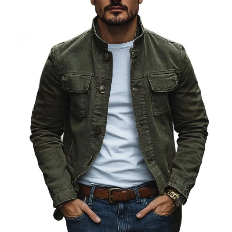 Men's Vintage Washed Cotton Canvas Stand Collar Single Breasted Slim Fit Jacket 10291803M sold by Manly